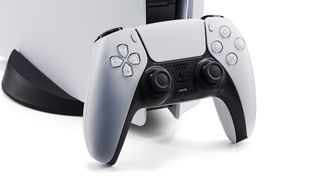 Sony PlayStation 5 DualSense controller in front of a PS5 console standing upright